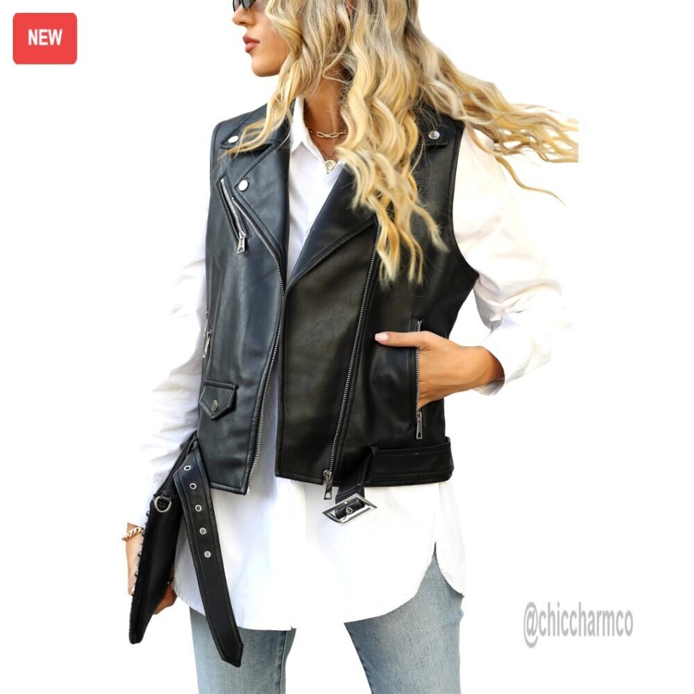 PU Leather Sleeveless Motorcycle Jacket Vest with Belt